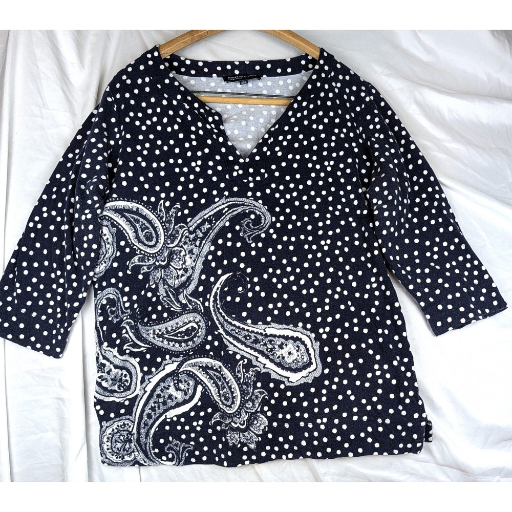 Jones New York Signature Woman Navy Polka Dot Paisley 3/4 Sleeve Top 1XL